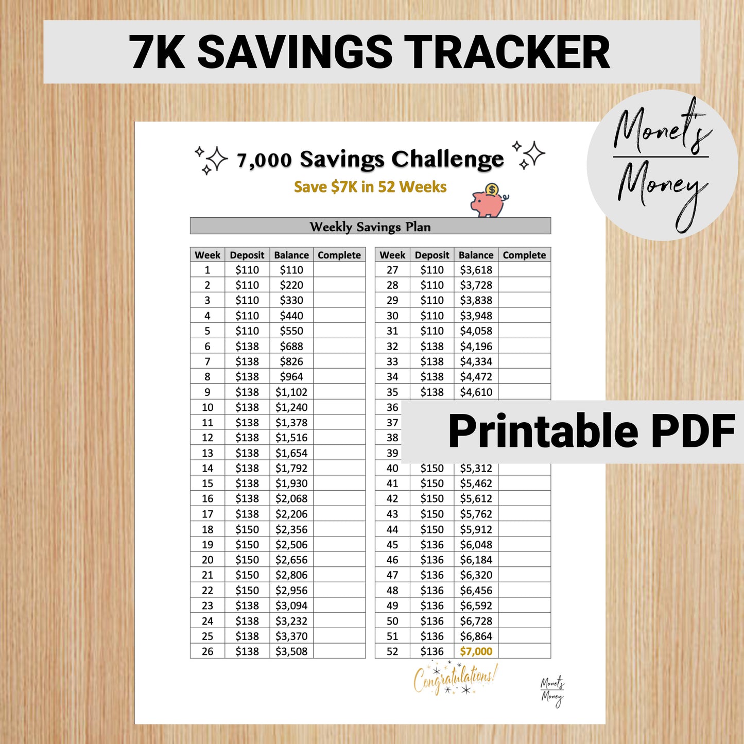 7K Savings Challenge Tracker | 52 Weeks | Savings Tracker