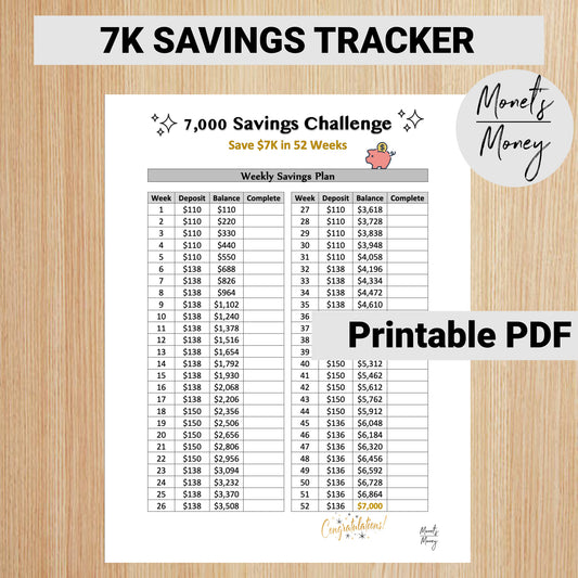 7K Savings Challenge Tracker | 52 Weeks | Savings Tracker
