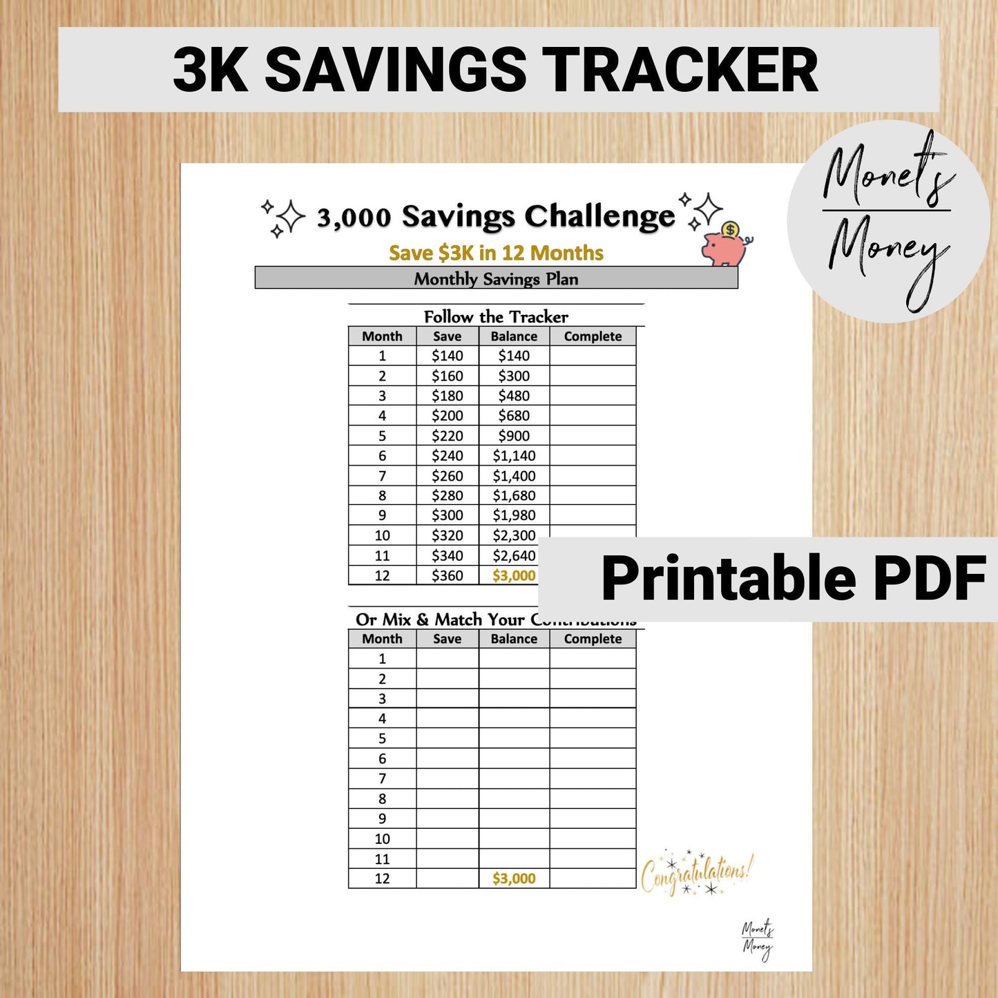 3K Savings Challenge Tracker | 12 Months | Savings Tracker